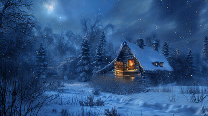 A cozy snow-covered cabin under a starry sky in a serene winter forest setting, evoking calmness and solitude