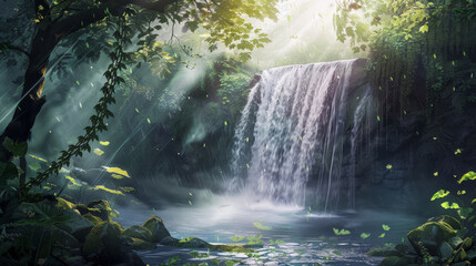 A captivating waterfall illuminated by soft sunlight filtering through a verdant forest canopy