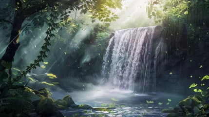 Fotobehang A captivating waterfall illuminated by soft sunlight filtering through a verdant forest canopy © Daniel