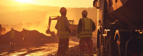 road construction workers in golden hour in sunset light.