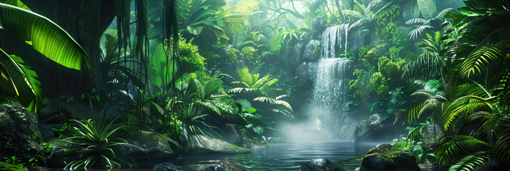 Tropical Rainforest with Waterfall, Exotic Plants, and Canopy Walkway. Adventure Studio Set - obrazy, fototapety, plakaty