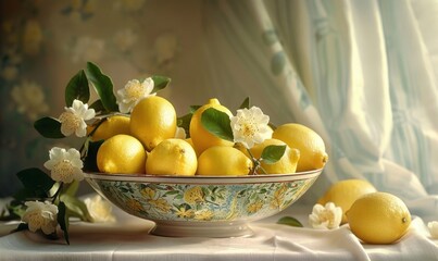 Fresh lemons in bowl on table with green leaves.