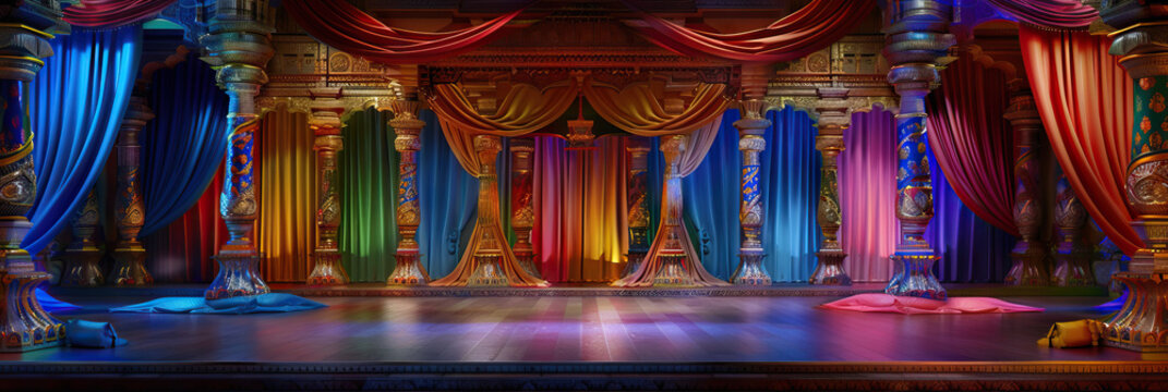 Bollywood Film Set with Colorful Fabrics, Ornate Pillars, and Dancing Stage. Indian Cinema Set