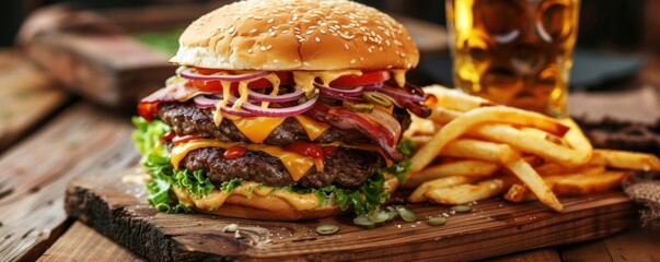 Double burger with cheese ham and onion with blured beer in background.