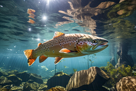 Forelle schwimmt in klarem Wasser, Unterwasser, Generative AI