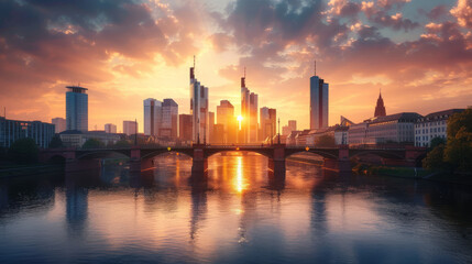 Fototapeta na wymiar Majestic sunrise peeks between skyscrapers with a bridge in the foreground over a serene river