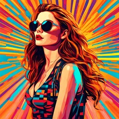 Pop art retro style pretty sexy ginger woman wearing sunglasses on vibrant colorful background.