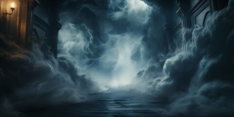 a dark room with clouds and light