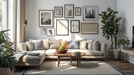 a cozy yet modern living room atmosphere with a personalized image wall displaying family photos in elegant mockup frames