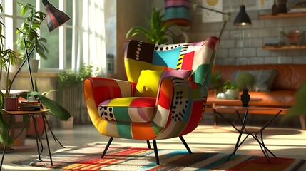 a creative narrative or story inspired by the image of the colorful armchair in the retro living...