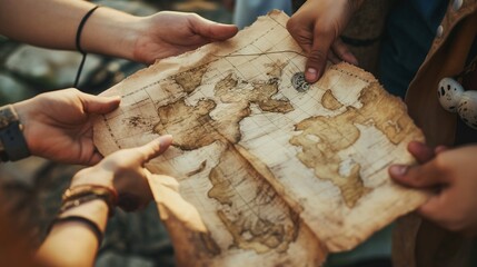 A close-up of friends' hands holding treasure maps, ready to embark on a thrilling treasure hunt together. - obrazy, fototapety, plakaty