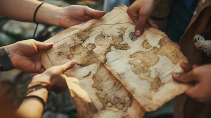 Fotobehang A close-up of friends' hands holding treasure maps, ready to embark on a thrilling treasure hunt together. © Its Your,s