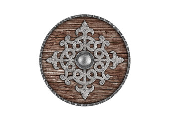 Old decorated wooden round shield isolated on white background
