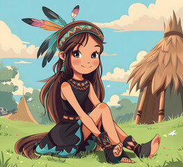 Beautiful Happy Teen Tribal Girl in a Traditional dress, on a serene green valley, animation cartoon style V3