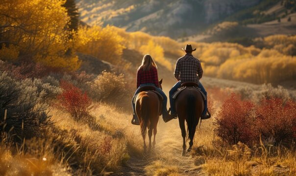 Couple riding on horse back in suuny day.