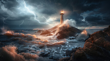 Vicious waves crash against a rock, where a lone lighthouse stands bravely under a threatening thunderstorm sky - obrazy, fototapety, plakaty