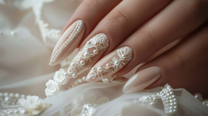 Nail art, Elegant bridal nail art with lace and pearl details on a hand. Wedding fashion and beauty concept for design and print