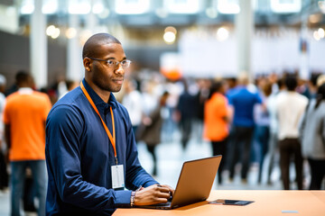 Fototapeta na wymiar An African American professional uses his laptop at a bustling job fair, representing proactive job market engagement and the pursuit of corporate success on Labor Day