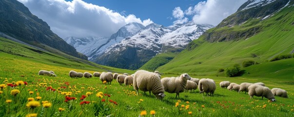 A herd of sheep grazes on green wild meadow - obrazy, fototapety, plakaty