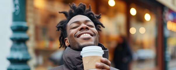 Happy man with eyes closed and smell takeaway coffee - obrazy, fototapety, plakaty