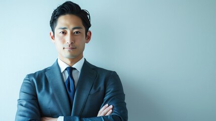 Japanese male model in suit with folded arms, upper body, full body shot, handsome, simple background, white background - obrazy, fototapety, plakaty