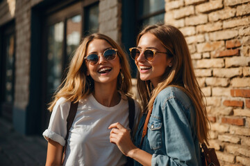 Strahlende Freundinnen mit Sonnenbrillen im urbanen Sommerlook - obrazy, fototapety, plakaty