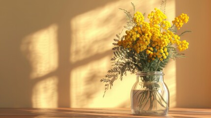 Lush bouquet of Mimosa , in a jar , 3 d, illustration, background, minimalism 