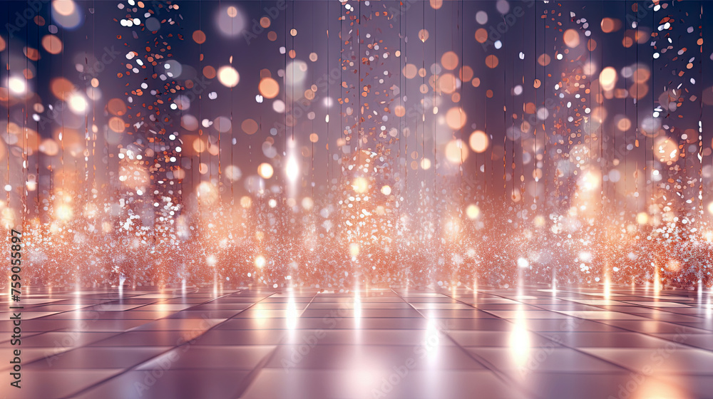 Poster Abstract shiny background with holographic glitter. Scattered confetti sparkles with violet and yellow color.
