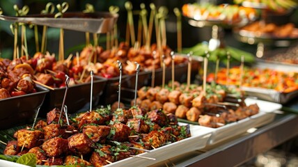 festive buffet table set with a large platter of marinated tempeh bites, each skewered with...