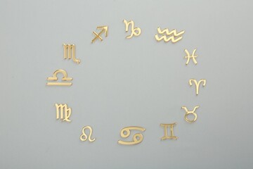 Zodiac signs on grey background, flat lay. Space for text