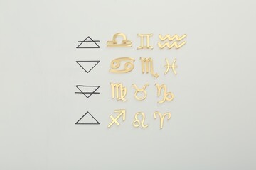 Zodiac triplicity. Four elements and corresponding signs on grey background, flat lay