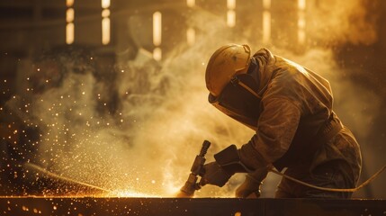 An industrial worker clad in protective welding gear is intensely focused on his task, creating a dynamic shower of sparks in a dramatic setting