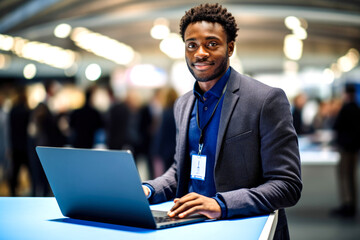 With a warm smile, an African American man IT HR recruiter at a career fair is all set with his laptop to navigate job seekers through the tech sector's opportunities. Concept of Labor Day.