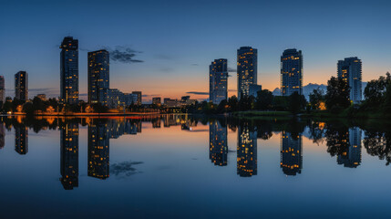 A tranquil cityscape with skyscrapers along the waterfront, captured in the serene light of twilight