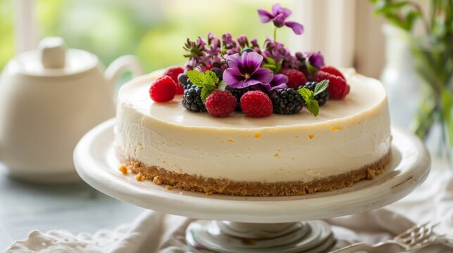 A scrumptious vanilla cheesecake topped with an array of fresh berries and edible flowers, presented on a cake stand