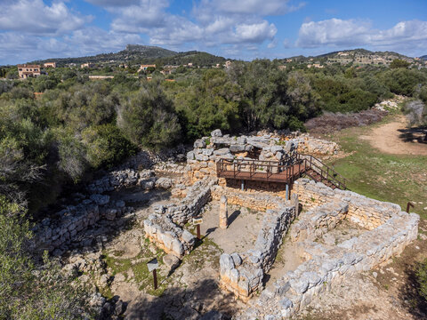 talaiot and the semi-detached rooms from the talaiotic era (Iron Age). Hospitalet Vell archeological site, Majorca, Balearic Islands, Spain