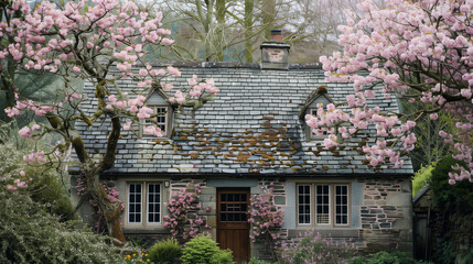 cottage covered with pink flowers in at own