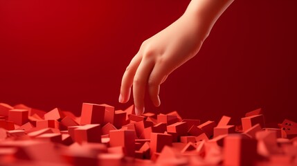 A close-up of tiny hands reaching for a stack of building blocks on a lively red surface.