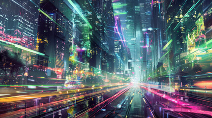 Fototapeta na wymiar Captivating neon-lit city with dynamic light streaks depicting high-speed motion in a bustling urban environment