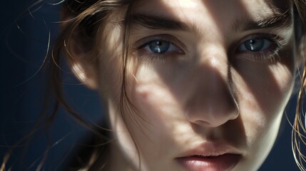 A close-up shot capturing the girl model's intense gaze, with dramatic shadows and highlights against a deep navy blue backdrop.