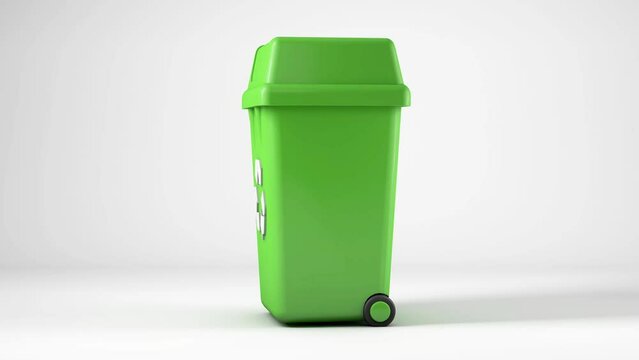 Green trash container with recycle sign isolated from white background