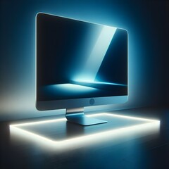 A sleek futuristic computer monitor emitting a soft blue glow from its edges illuminating a minimalist workspace.