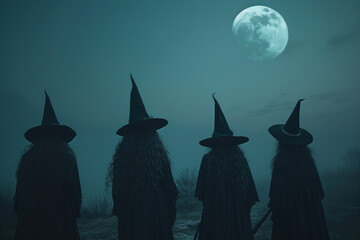 witch coven under a full moon on a foggy night. - obrazy, fototapety, plakaty