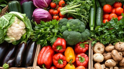 A vibrant display of fresh, organic vegetables, including ripe tomatoes, crisp lettuce, and bright bell peppers, showcasing a healthy food choice. - obrazy, fototapety, plakaty