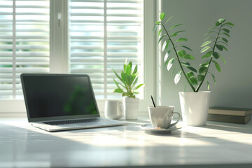 A neatly organized desk with a laptop, a cup of coffee, and lush green plants in a well-lit room with cool tones