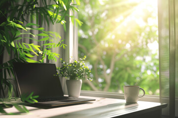 A bright workspace scene featuring a laptop, plants, and a cup of coffee illuminated by natural sunlight through a window
