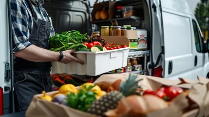 A local farmer is delivering a variety of fresh, organic produce including vegetables, greens, and fruits directly to customers doors in a branded delivery van, emphasizing farm-to-table freshness. - obrazy, fototapety, plakaty