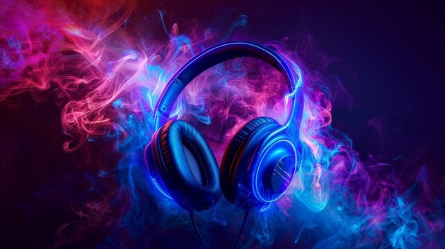Striking image of headphones amidst vibrant, multicolored smoke on a dark background