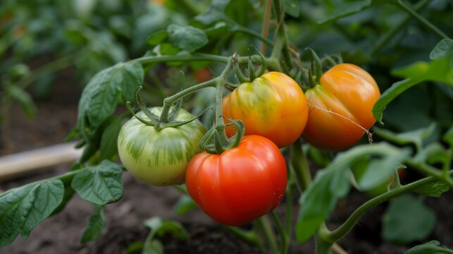 A vibrant image showcasing the process of organic tomato cultivation with a mix of ripe red and unripe green tomatoes hanging from the lush green vines of a healthy tomato plant in a garden.