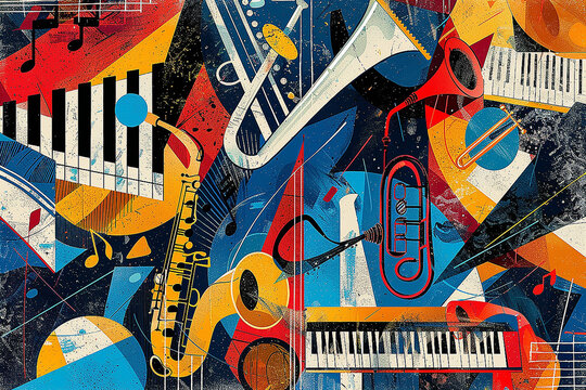 Abstract background with musical instruments. Suitable for a concert, festival or competition poster, for a store, blog or book.